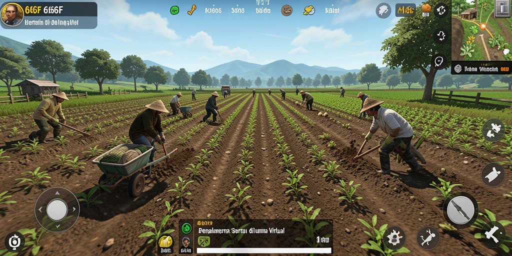 Screenshot gameplay 666F menunjukkan kebun yang penuh dengan tanaman hijau.