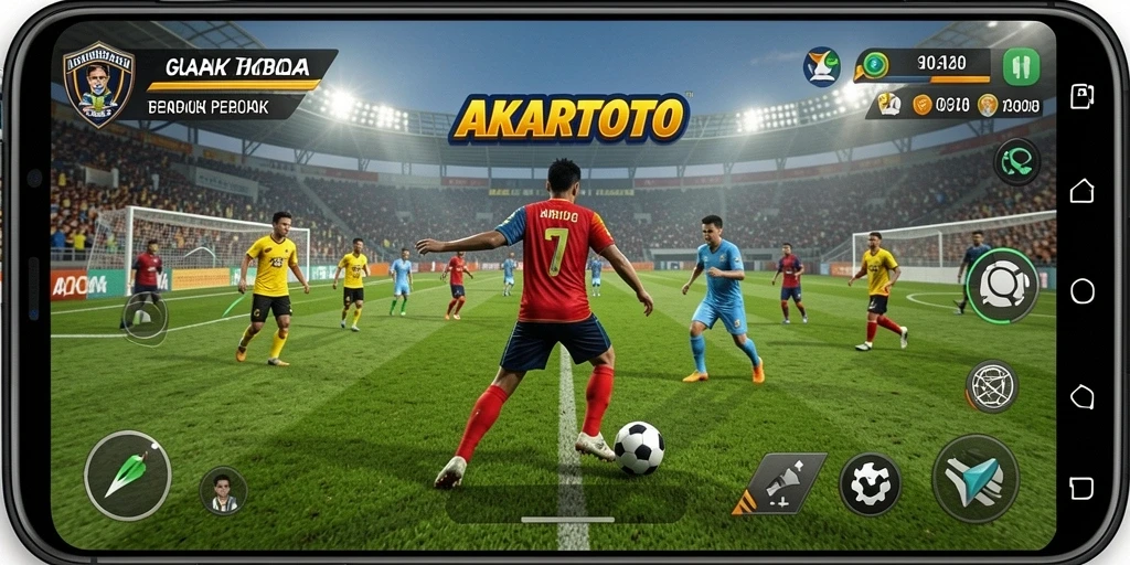 Gameplay AKARTOTO yang menampilkan aksi seru pertandingan sepak bola.
