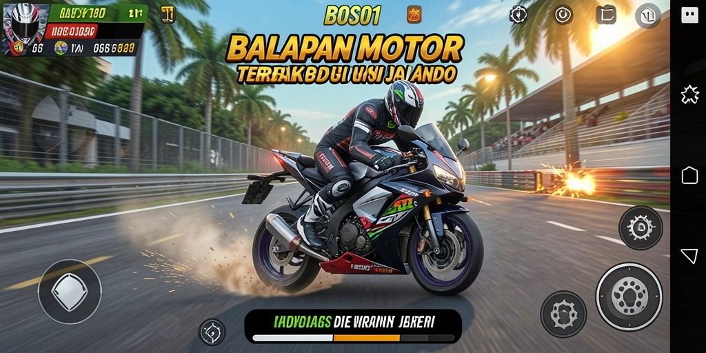 Screenshot gameplay BOS01 menunjukkan balapan motor yang mendebarkan.
