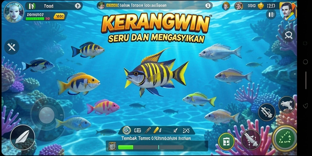 Tampilan gameplay KERANGWIN yang menegangkan dengan berbagai jenis ikan.