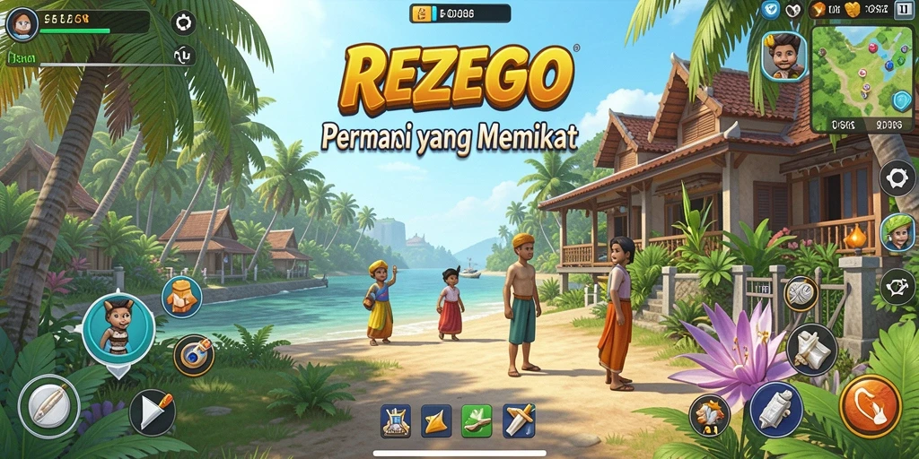 Tampilan gameplay REZEGO yang ceria dan interaktif.