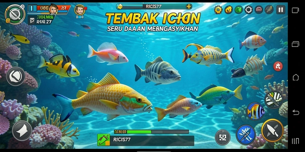 Screenshot menampilkan pemain sedang berburu ikan dengan senjata.